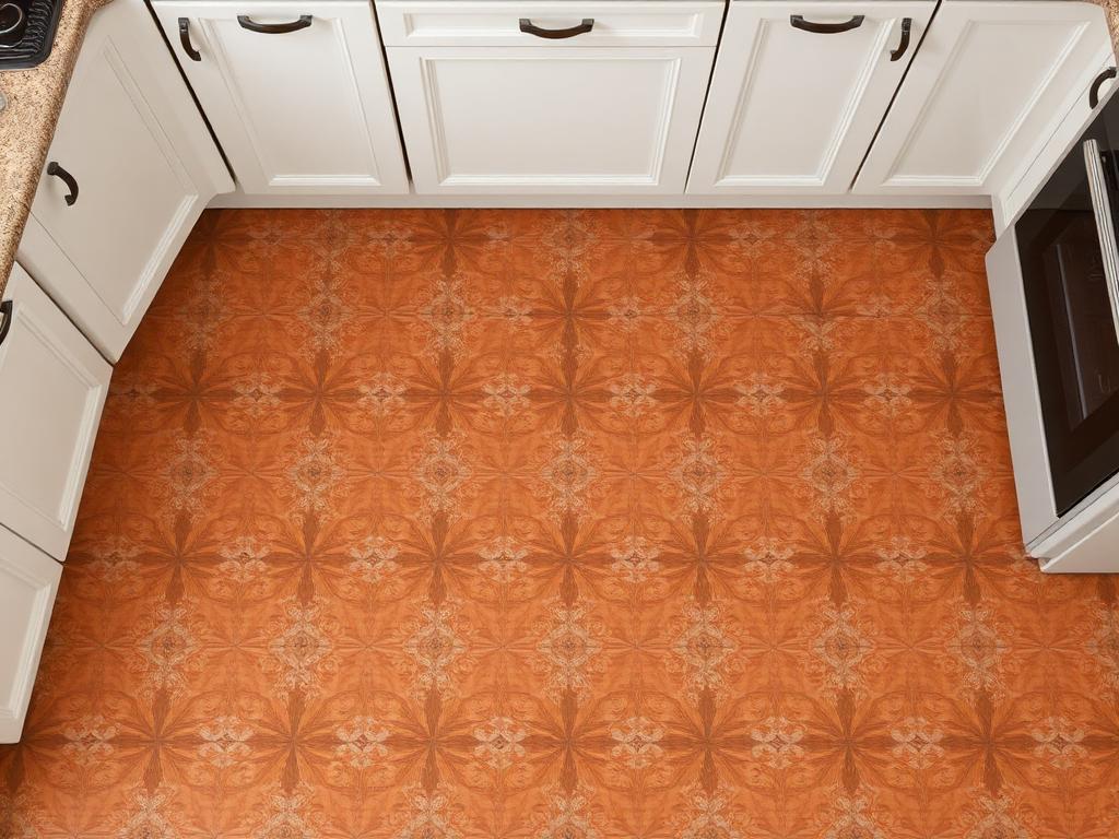 Patterned ceramic tile floor in a kitchen