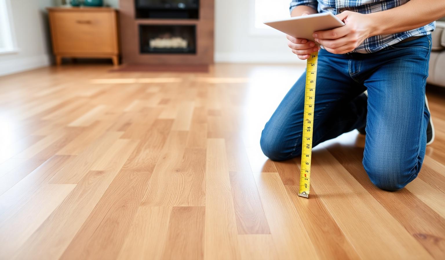 Flooring measurement and consultation with a homeowner in a living room