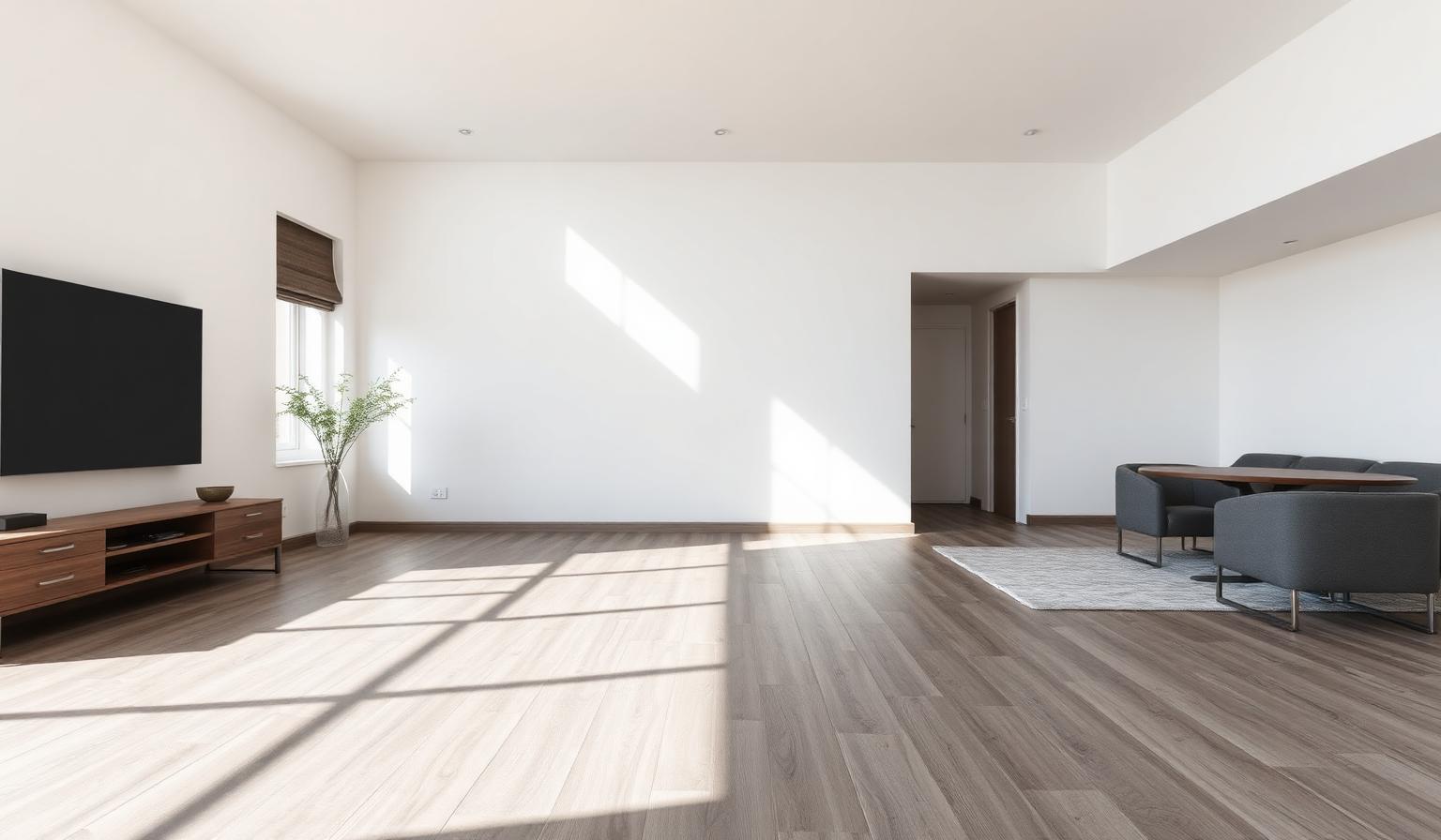 Modern laminate flooring planks in a bright living space