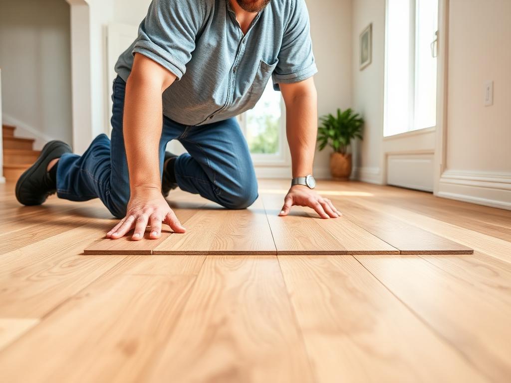 Flooring installer laying hardwood planks in a residential home